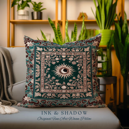 May include: A decorative pillow with a woven tapestry design featuring a sun and moon motif in a green, brown, and cream color scheme. The pillow has the text "INK & SHADOW Original Fine Art Woven Pillow" printed on the bottom.