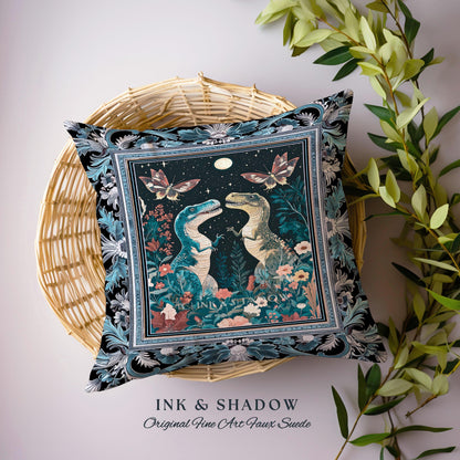 Celestial T-Rex Dinosaur Pillow Enchanted Night Garden Moonlit Witchy Cottagecore Vintage Indigo Blue Whimsigoth Jurassic Forestcore Cushion