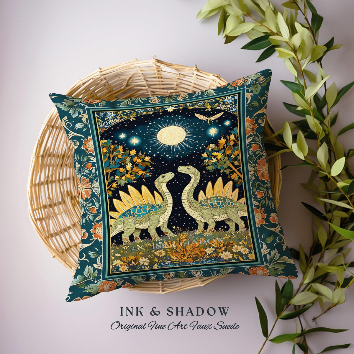 Whimsical Forestcore Mystical Dinosaur Pillow Starry Night Enchanted Woodland Decor | Magic Celestial Cottagecore Stegosaurus Home Accent