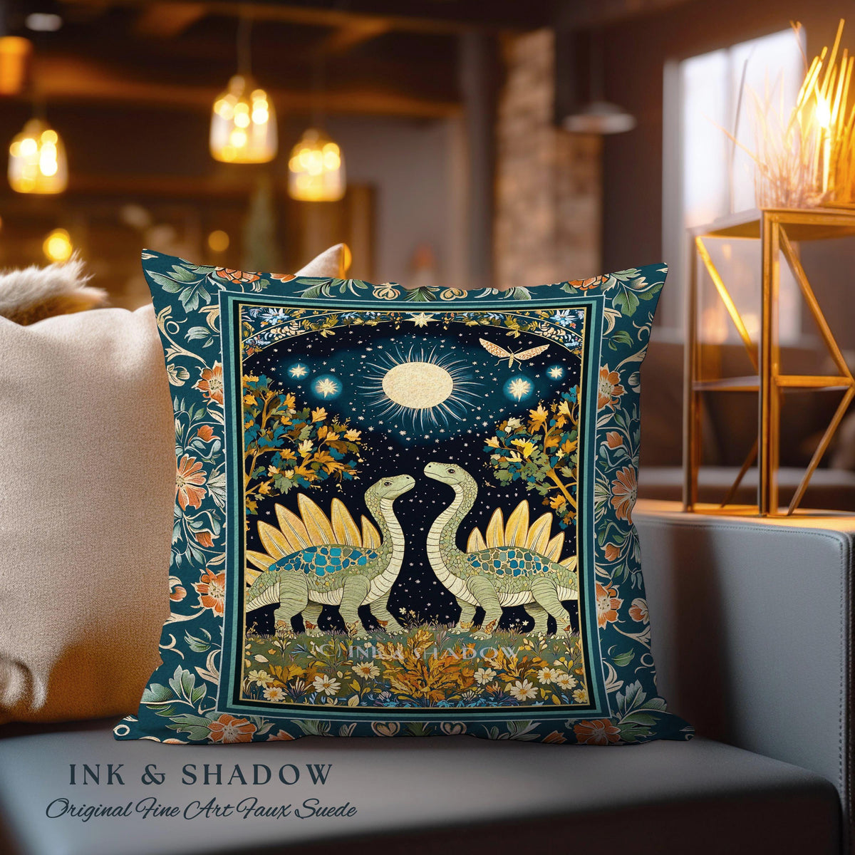 Whimsical Forestcore Mystical Dinosaur Pillow Starry Night Enchanted Woodland Decor | Magic Celestial Cottagecore Stegosaurus Home Accent