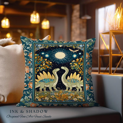 Whimsical Forestcore Mystical Dinosaur Pillow Starry Night Enchanted Woodland Decor | Magic Celestial Cottagecore Stegosaurus Home Accent