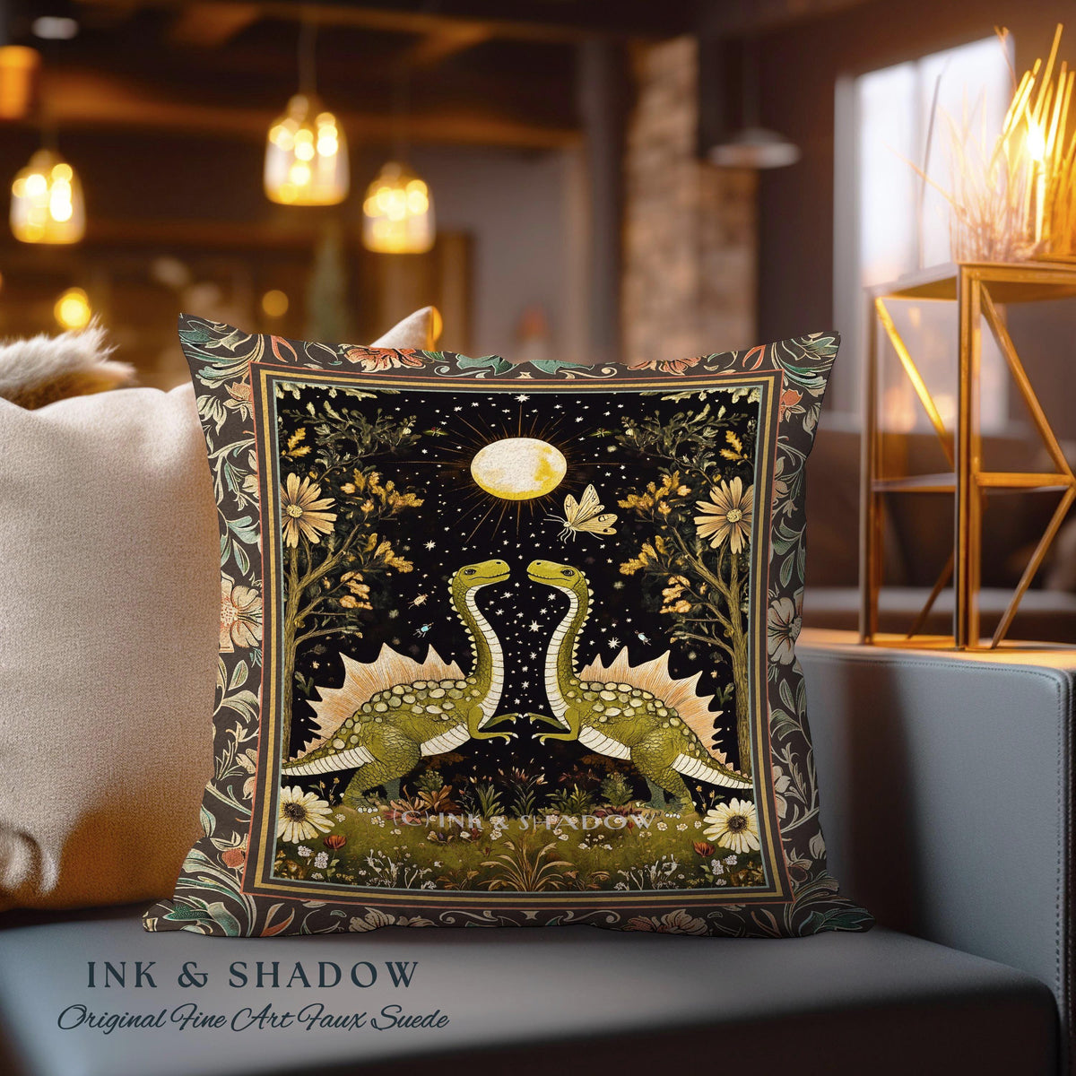 Vintage Woodland Gothic Dinosaur Pillow Rustic Olive Green Farmhouse Celestial Cottagecore Accent Retro Goblincore Stegosaurus Dino Cushion