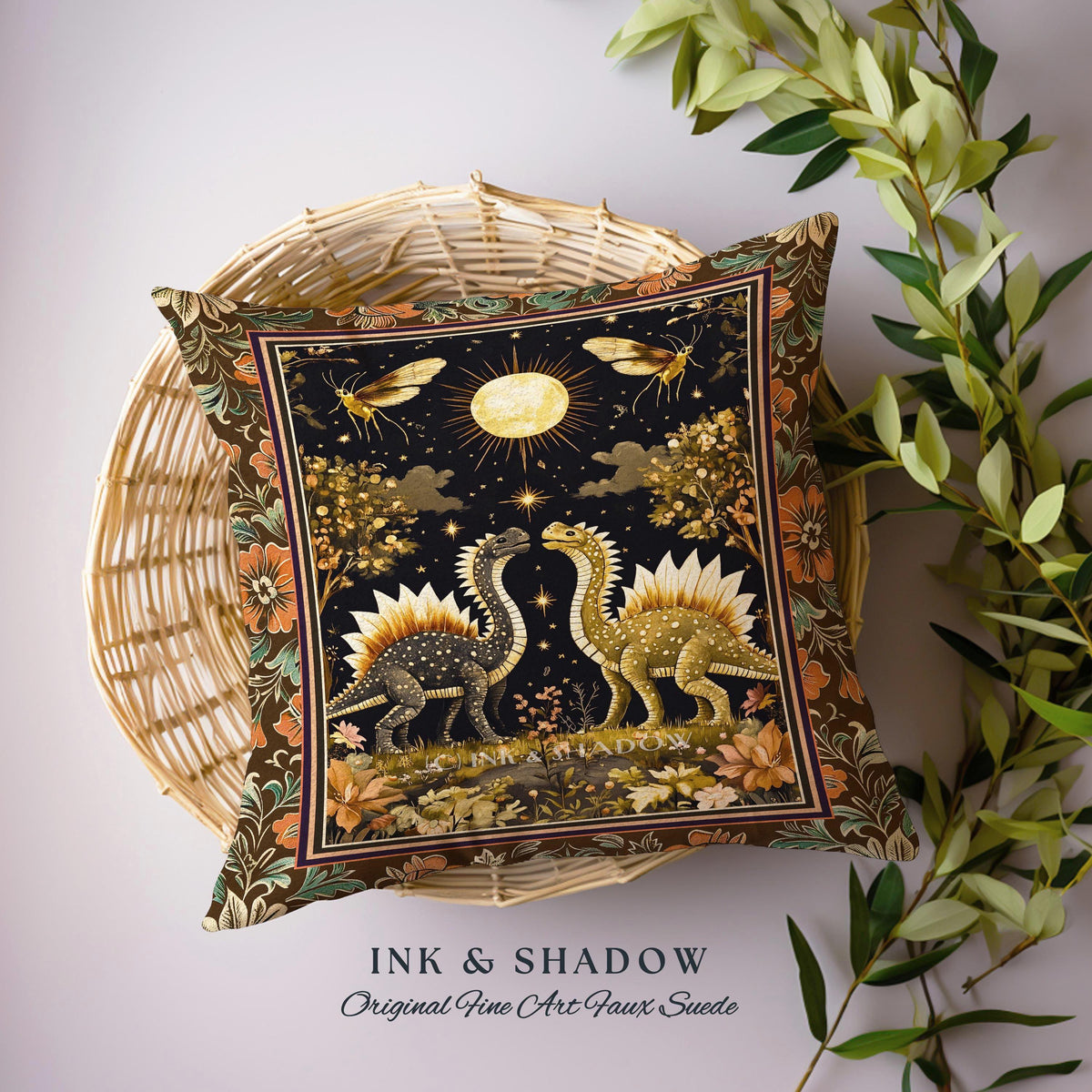 Rustic Elegance Dinosaur Decor Woodland Gothic Celestial Stegosaurus Pillow Antique Baroque Aesthetic Enchanted Forestcore Art Home Accent