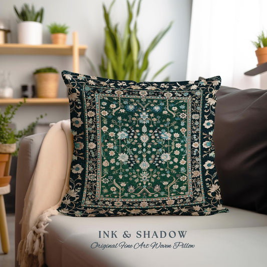 Muted Green Boho Cottagecore Pillow Ornate Victorian Baroque Whimsical Maximalism, Emerald & Pastel Blue Elegant Bohemian Tapestry Cushion