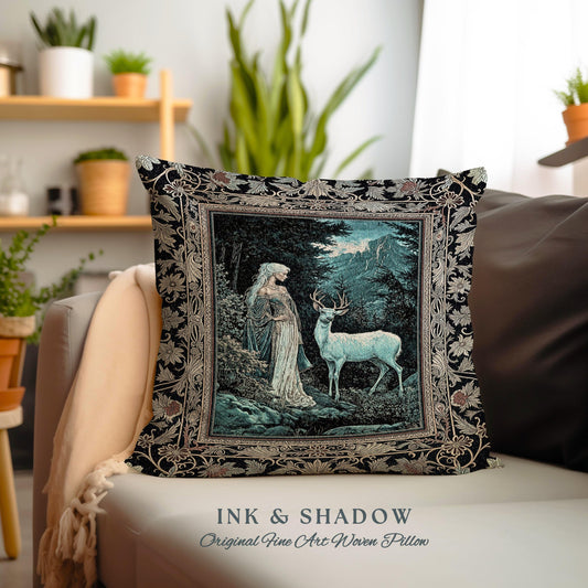 Dreamy Aesthetic Folklore Tapestry Pillow | Moody Landscape Dreamy Woodland Gothic Nature Spirit Botanical Woven Cushion Botanical Fantasy |
