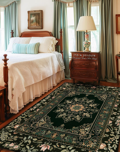 May include: A dark green area rug with a floral pattern in a bedroom setting. The rug features a central medallion design and a border with floral and geometric elements. The rug is placed in front of a bed with a white bedspread and a wooden nightstand.