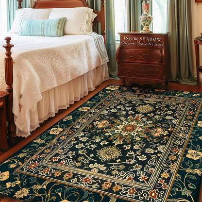 May include: A dark blue rectangular rug with a floral pattern in a bedroom setting. The rug features a central floral medallion and a border with repeating floral motifs in shades of cream, red, and green. The text "INK & SHADOW Original Fine Art Rugs" is visible.