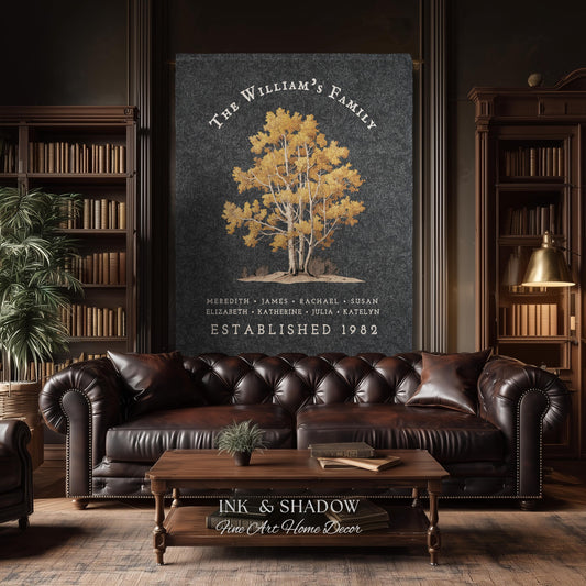 May include: A large, framed family tree art piece with the text "The William's Family" and names. The tree has golden leaves against a dark gray background. The text "Established 1982" is also visible. The art piece is displayed above a brown leather sofa.