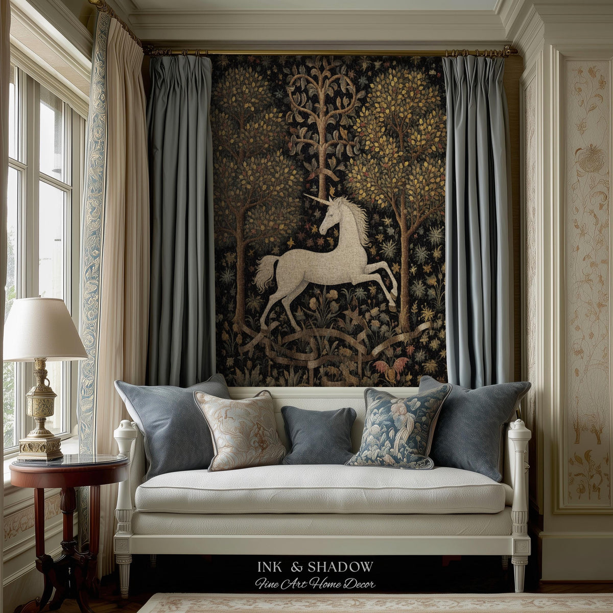 Medieval Unicorn Art Blanket Woven | Whimsical Room Decor Tapestry Cottagecore | Fairycore Aesthetic Room Decor Magical Tapestry Unicorn Art
