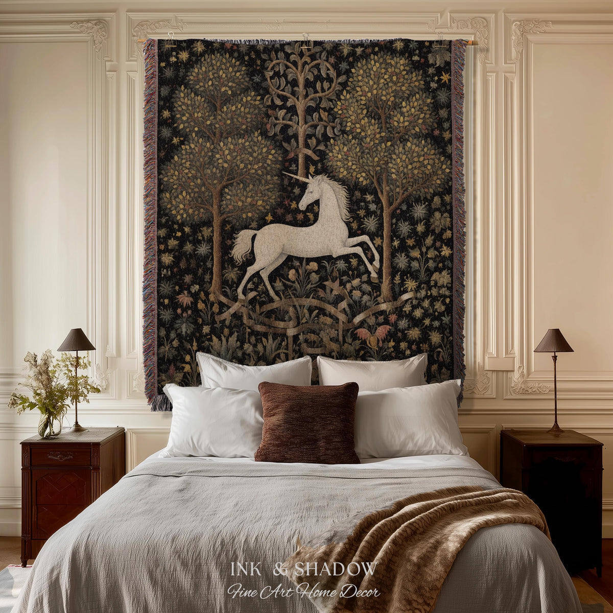 Medieval Unicorn Art Blanket Woven | Whimsical Room Decor Tapestry Cottagecore | Fairycore Aesthetic Room Decor Magical Tapestry Unicorn Art