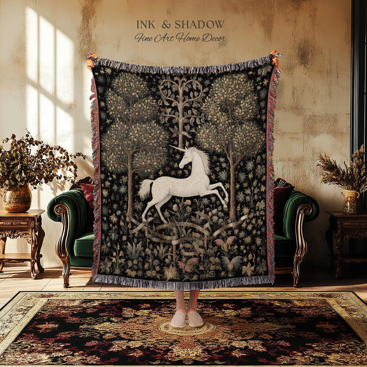 Medieval Unicorn Art Blanket Woven | Whimsical Room Decor Tapestry Cottagecore | Fairycore Aesthetic Room Decor Magical Tapestry Unicorn Art