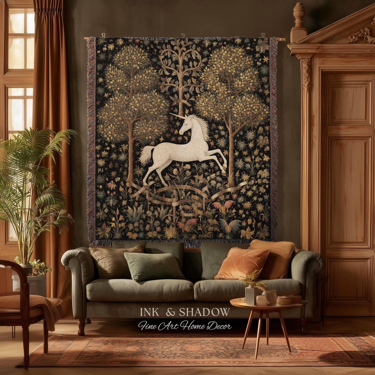 Medieval Unicorn Art Blanket Woven | Whimsical Room Decor Tapestry Cottagecore | Fairycore Aesthetic Room Decor Magical Tapestry Unicorn Art