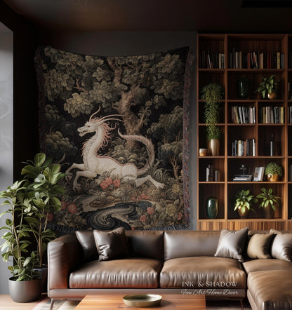 Medieval Dragon Blanket Woven | Crowcore Tapestry Cottagecore Room Decor Dark Academia Aesthetic Gothic Maximalist Gift For Goths Throw |