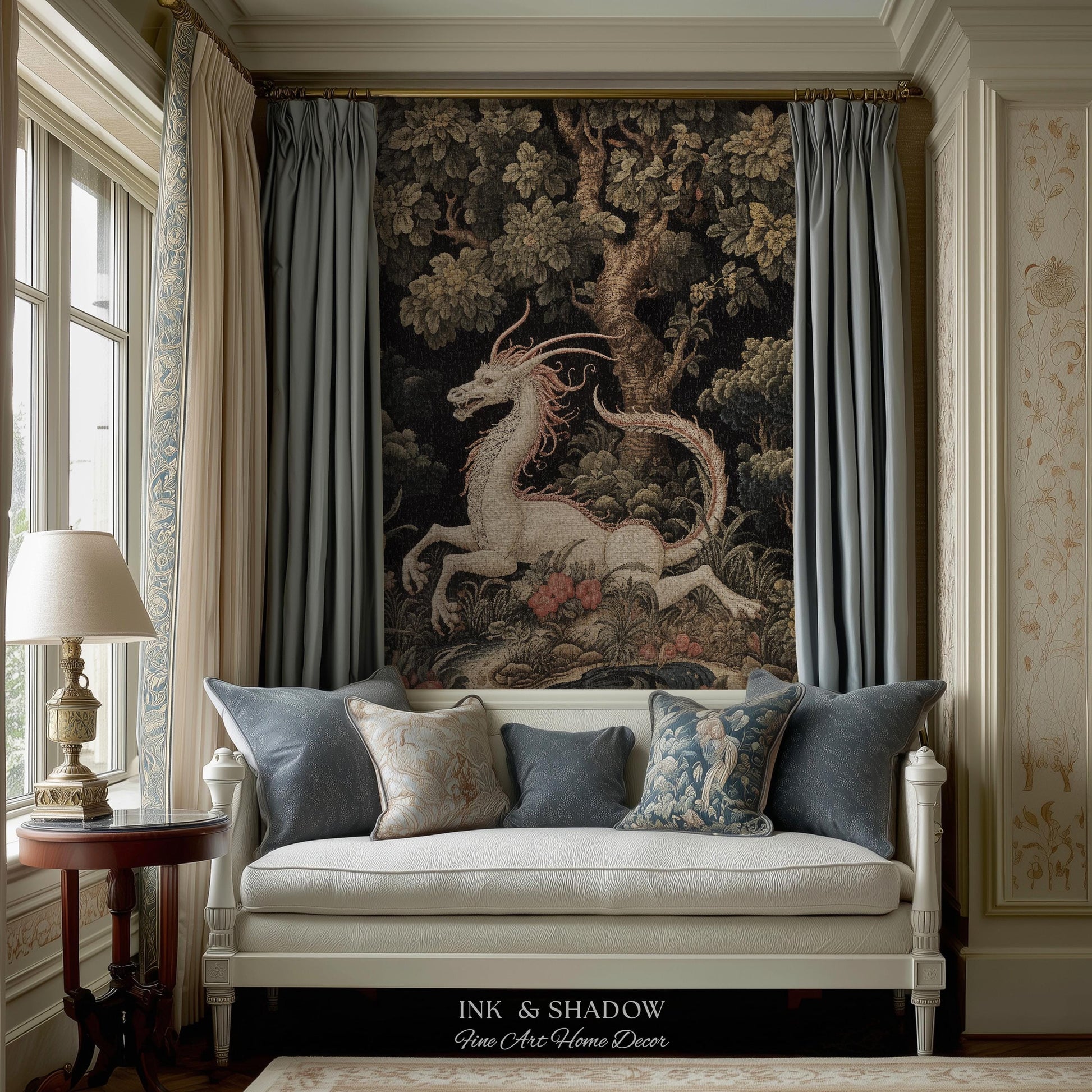 Medieval Dragon Blanket Woven | Crowcore Tapestry Cottagecore Room Decor Dark Academia Aesthetic Gothic Maximalist Gift For Goths Throw |