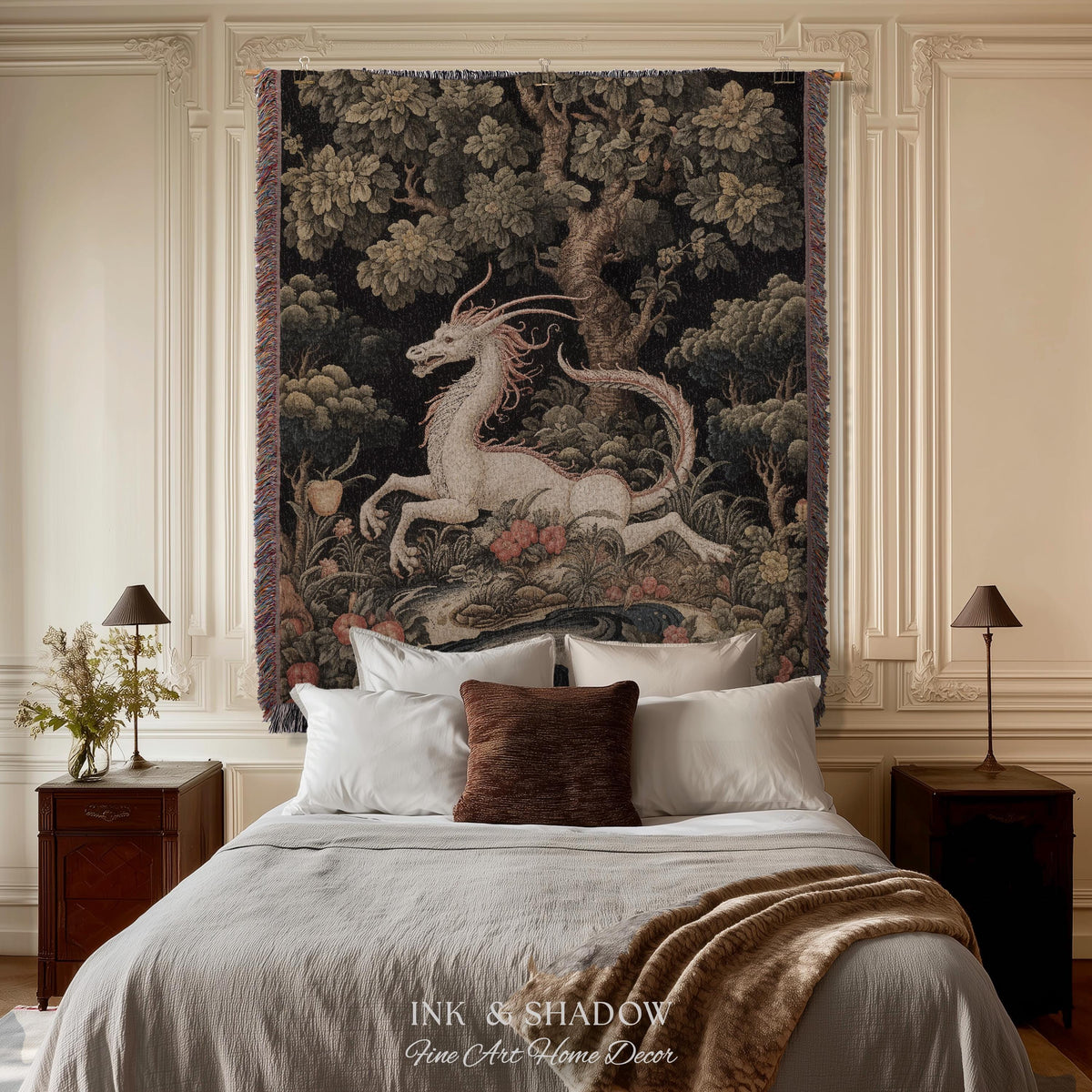 Medieval Dragon Blanket Woven | Crowcore Tapestry Cottagecore Room Decor Dark Academia Aesthetic Gothic Maximalist Gift For Goths Throw |
