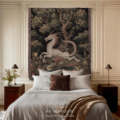 Medieval Dragon Blanket Woven | Crowcore Tapestry Cottagecore Room Decor Dark Academia Aesthetic Gothic Maximalist Gift For Goths Throw |