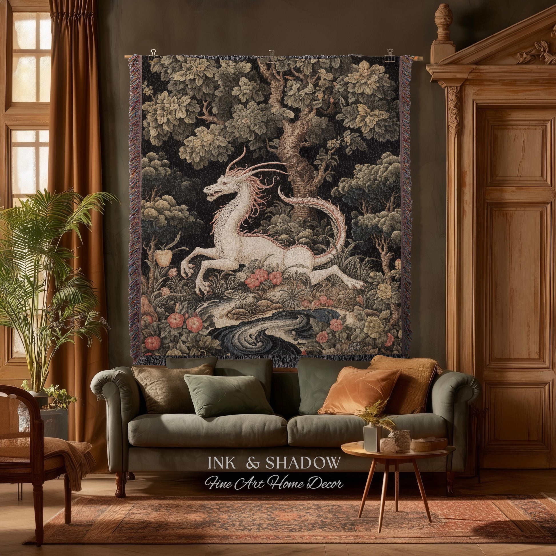 Medieval Dragon Blanket Woven | Crowcore Tapestry Cottagecore Room Decor Dark Academia Aesthetic Gothic Maximalist Gift For Goths Throw |