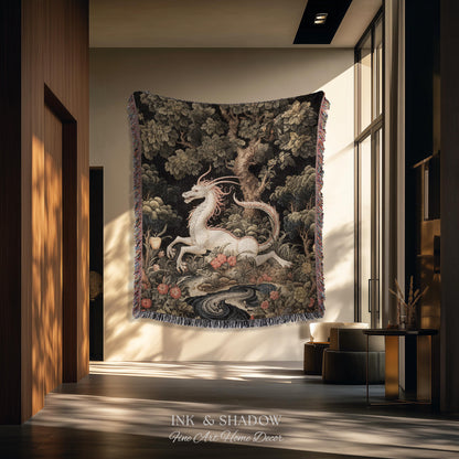 Medieval Dragon Blanket Woven | Crowcore Tapestry Cottagecore Room Decor Dark Academia Aesthetic Gothic Maximalist Gift For Goths Throw |