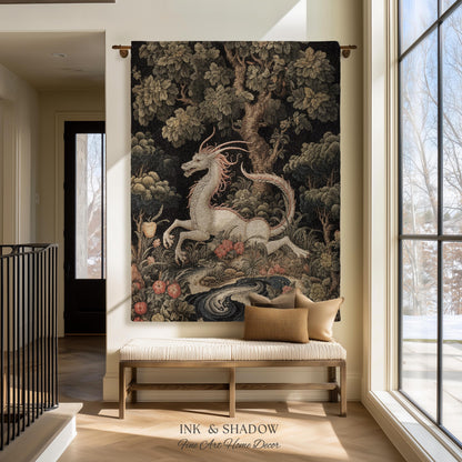 Medieval Dragon Blanket Woven | Crowcore Tapestry Cottagecore Room Decor Dark Academia Aesthetic Gothic Maximalist Gift For Goths Throw |