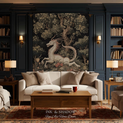 Medieval Dragon Blanket Woven | Crowcore Tapestry Cottagecore Room Decor Dark Academia Aesthetic Gothic Maximalist Gift For Goths Throw |