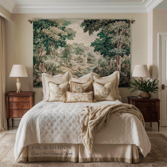 May include: A bedroom scene featuring a bed with a white quilted comforter and decorative pillows. A tapestry depicting a forest scene hangs above the bed. Two wooden nightstands with lamps flank the bed. The text "INK & SHADOW Fine Art Home Decor" is visible.