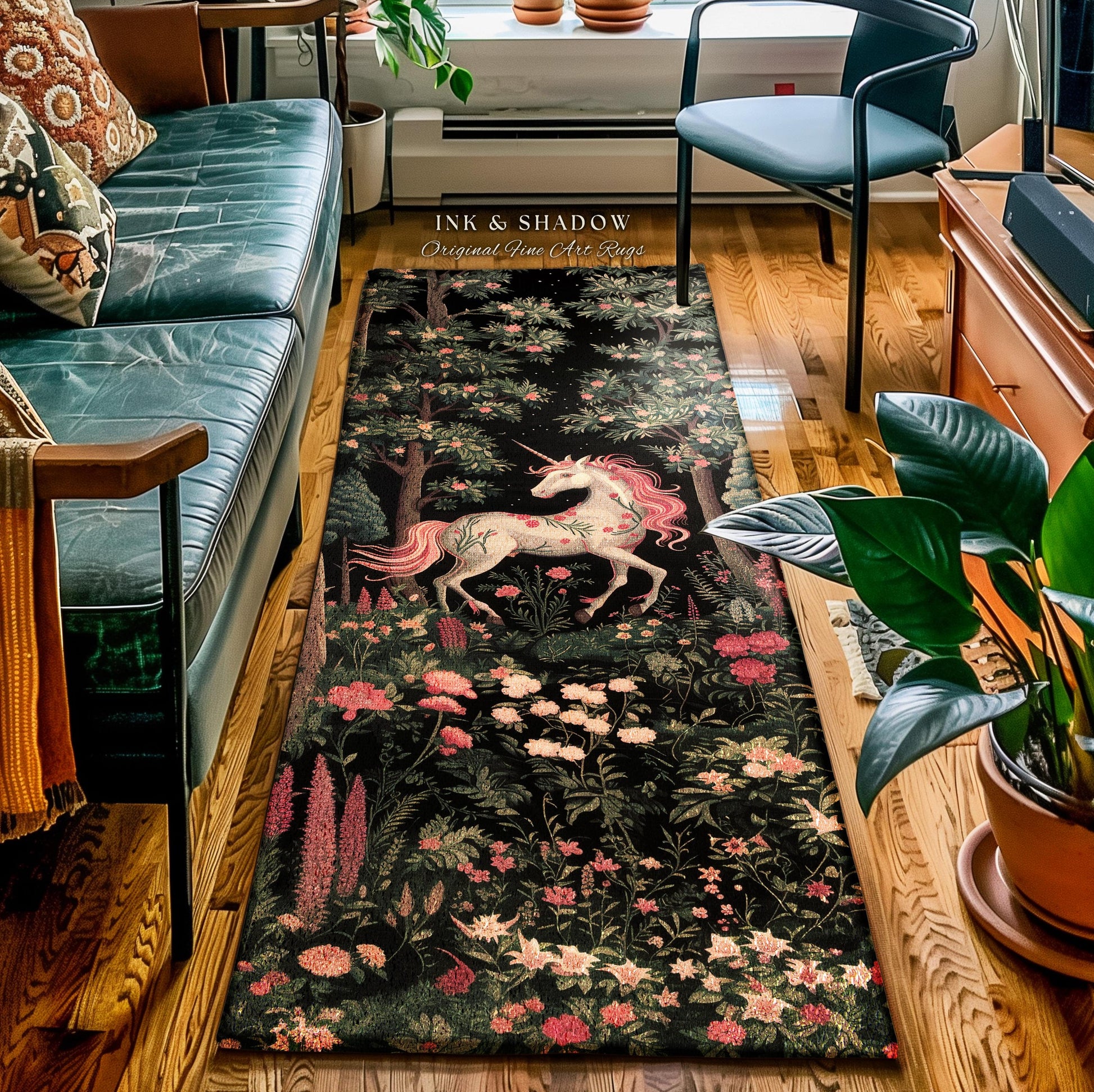 Magical Unicorn Enchanted Forestcore Runner Rug | Woodland Gothic Aesthetic Whimsical Pink Floral Unicorn Hallway Runner Fairycore Decor Rug