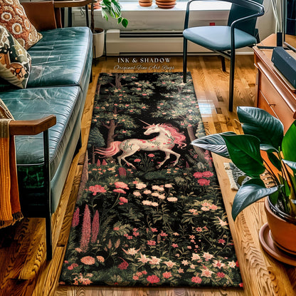 Magical Unicorn Enchanted Forestcore Runner Rug | Woodland Gothic Aesthetic Whimsical Pink Floral Unicorn Hallway Runner Fairycore Decor Rug