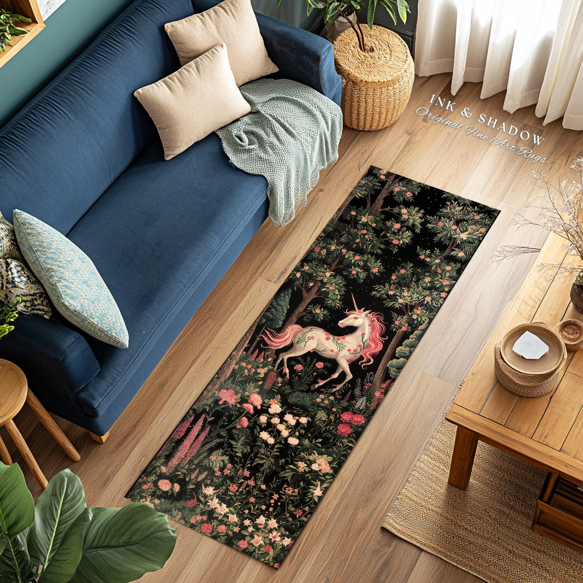 Magical Unicorn Enchanted Forestcore Runner Rug | Woodland Gothic Aesthetic Whimsical Pink Floral Unicorn Hallway Runner Fairycore Decor Rug
