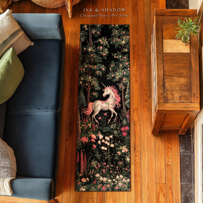 Magical Unicorn Enchanted Forestcore Runner Rug | Woodland Gothic Aesthetic Whimsical Pink Floral Unicorn Hallway Runner Fairycore Decor Rug
