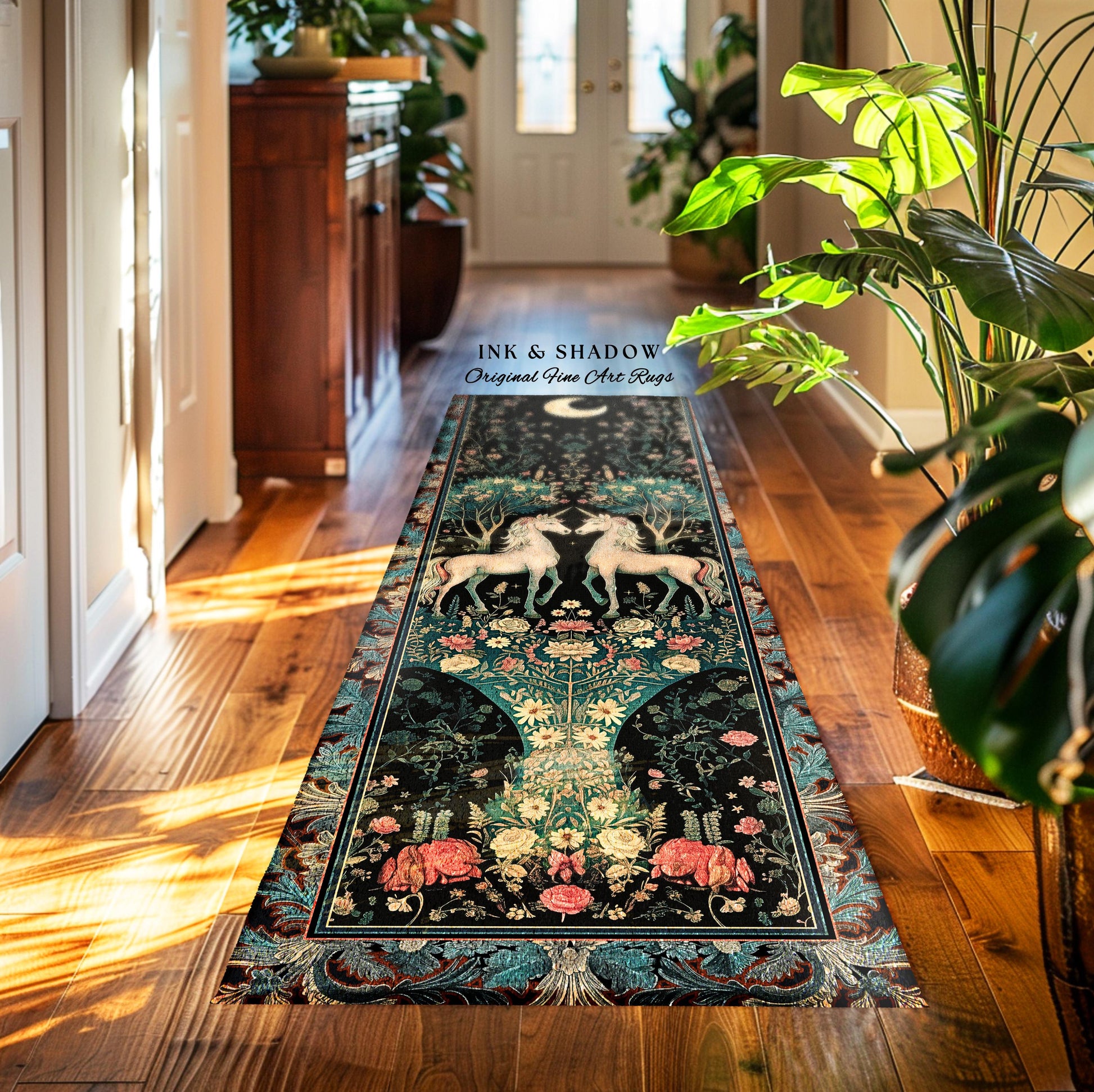 Fantasy Garden Unicorn Runner Rug Cottagecore Art Nouveau Fairycore Decor | Whimsical Woodland Fairytale Victorian Floral Enchanted Accent