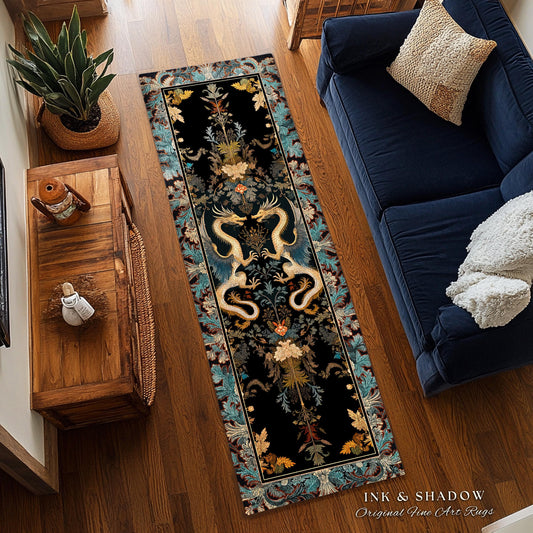 Art Deco Dragon Runner Rug Antique Mystical Baroque Style Decor | Abstract Dragon Art Rug Whimsical Aesthetic Home Dark Academia Teal Accent