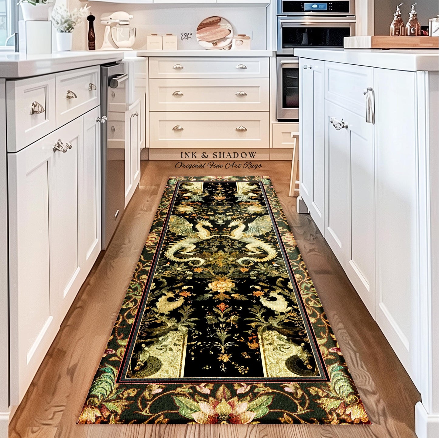 Ornate Antique Gold Folklore Aesthetic Baroque Dragon Runner Rug | Enchanting Art Deco Gothic Decor Maximalist Fantasy Mystic Home Accent