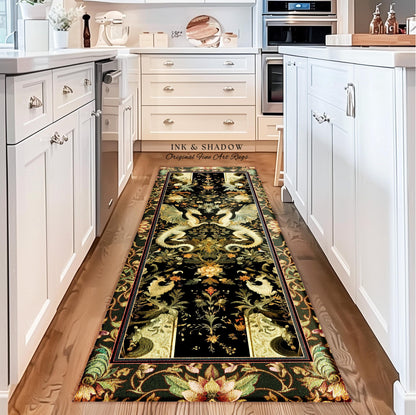 Ornate Antique Gold Folklore Aesthetic Baroque Dragon Runner Rug | Enchanting Art Deco Gothic Decor Maximalist Fantasy Mystic Home Accent