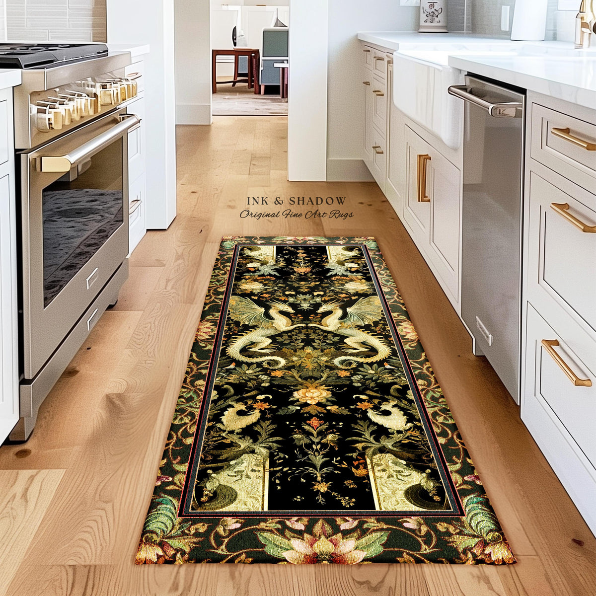 Ornate Antique Gold Folklore Aesthetic Baroque Dragon Runner Rug | Enchanting Art Deco Gothic Decor Maximalist Fantasy Mystic Home Accent