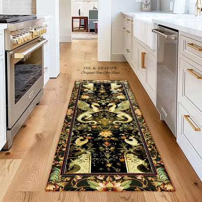 Ornate Antique Gold Folklore Aesthetic Baroque Dragon Runner Rug | Enchanting Art Deco Gothic Decor Maximalist Fantasy Mystic Home Accent