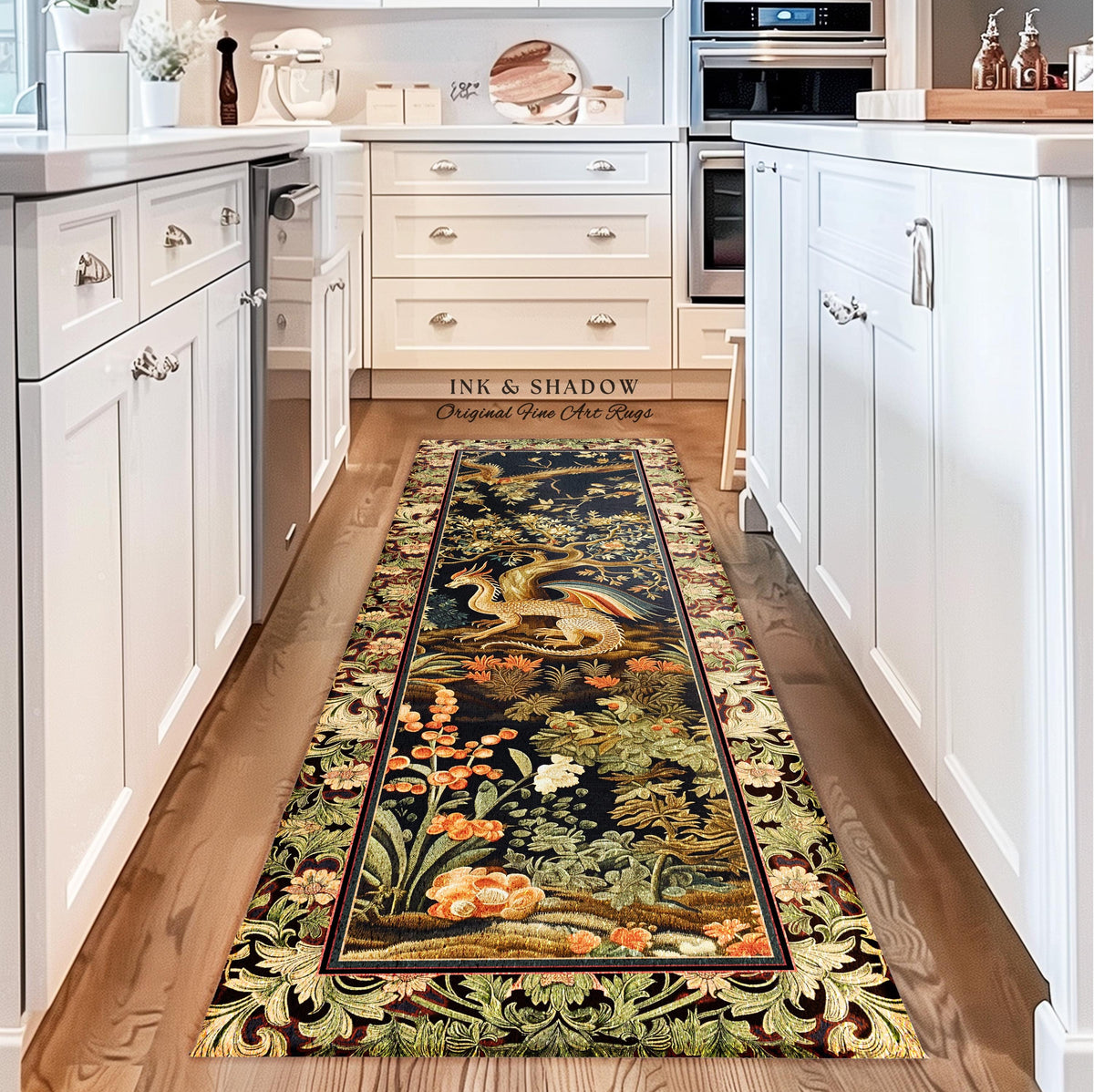 Baroque Dragon Fantasy Runner Rug | Dark Medieval Enchanting Nature Accent Ancient Aesthetic Ethereal Storybook Home Accent Forestcore Magic