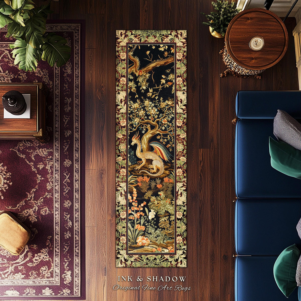 Baroque Dragon Fantasy Runner Rug | Dark Medieval Enchanting Nature Accent Ancient Aesthetic Ethereal Storybook Home Accent Forestcore Magic