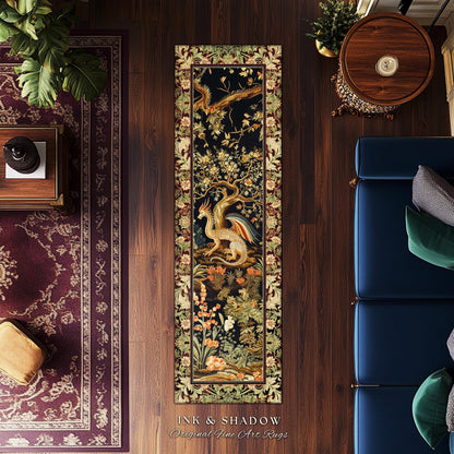 Baroque Dragon Fantasy Runner Rug | Dark Medieval Enchanting Nature Accent Ancient Aesthetic Ethereal Storybook Home Accent Forestcore Magic