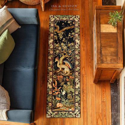 Baroque Dragon Fantasy Runner Rug | Dark Medieval Enchanting Nature Accent Ancient Aesthetic Ethereal Storybook Home Accent Forestcore Magic
