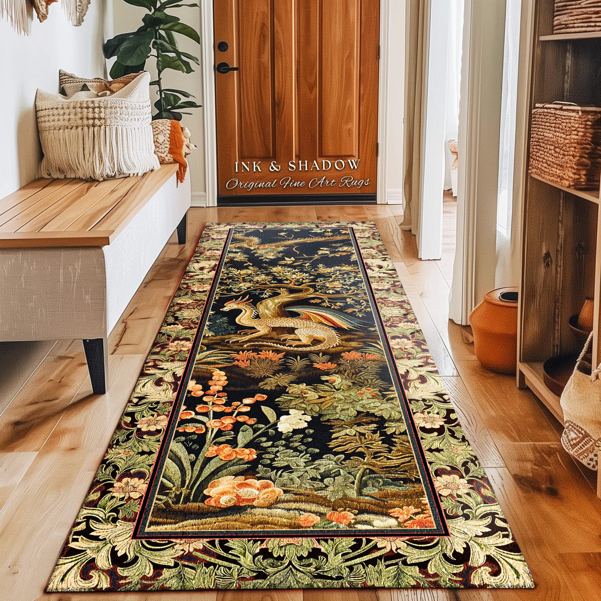 Baroque Dragon Fantasy Runner Rug | Dark Medieval Enchanting Nature Accent Ancient Aesthetic Ethereal Storybook Home Accent Forestcore Magic