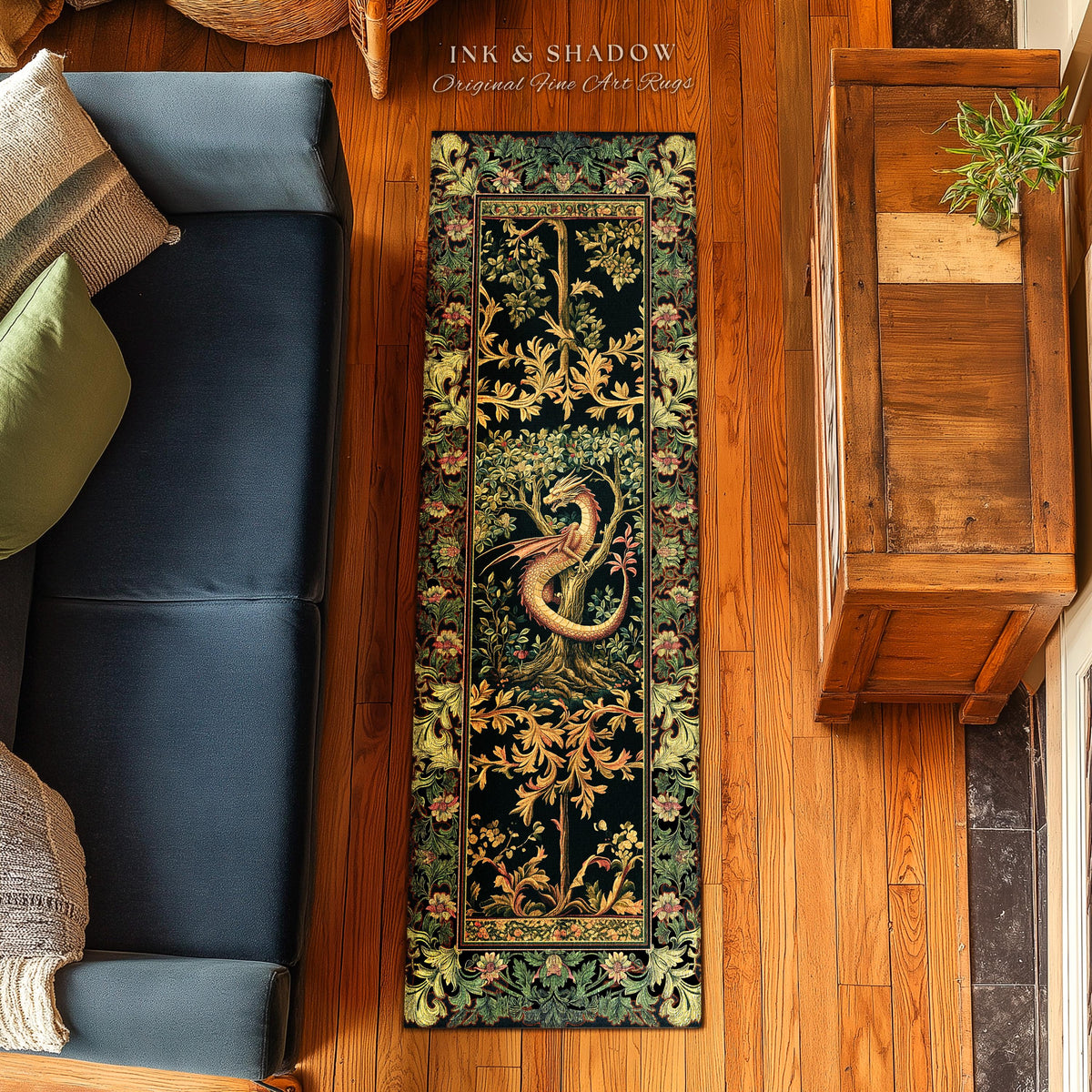 Ornate Victorian Gothic Dragon Runner Enchanted Baroque Medieval Forestcore Rug | Mystical Vintage Fantasy Forest Whimsical Woodland Decor