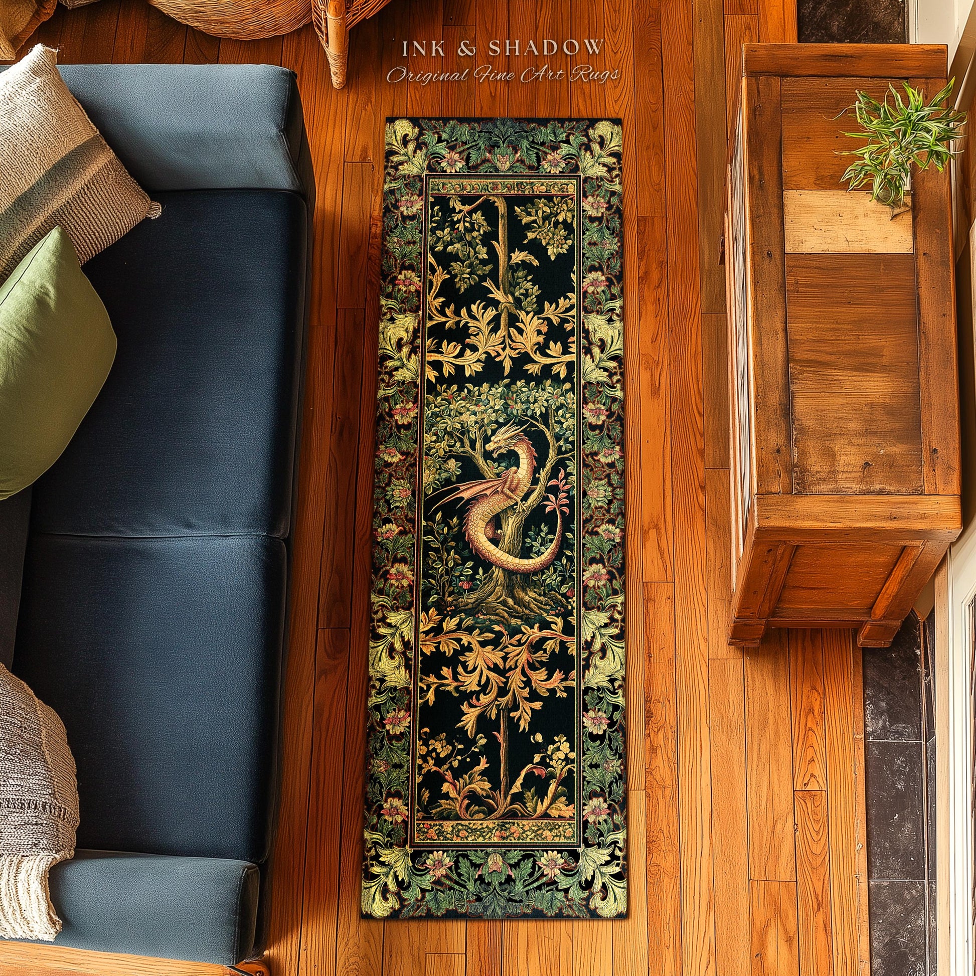 Ornate Victorian Gothic Dragon Runner Enchanted Baroque Medieval Forestcore Rug | Mystical Vintage Fantasy Forest Whimsical Woodland Decor