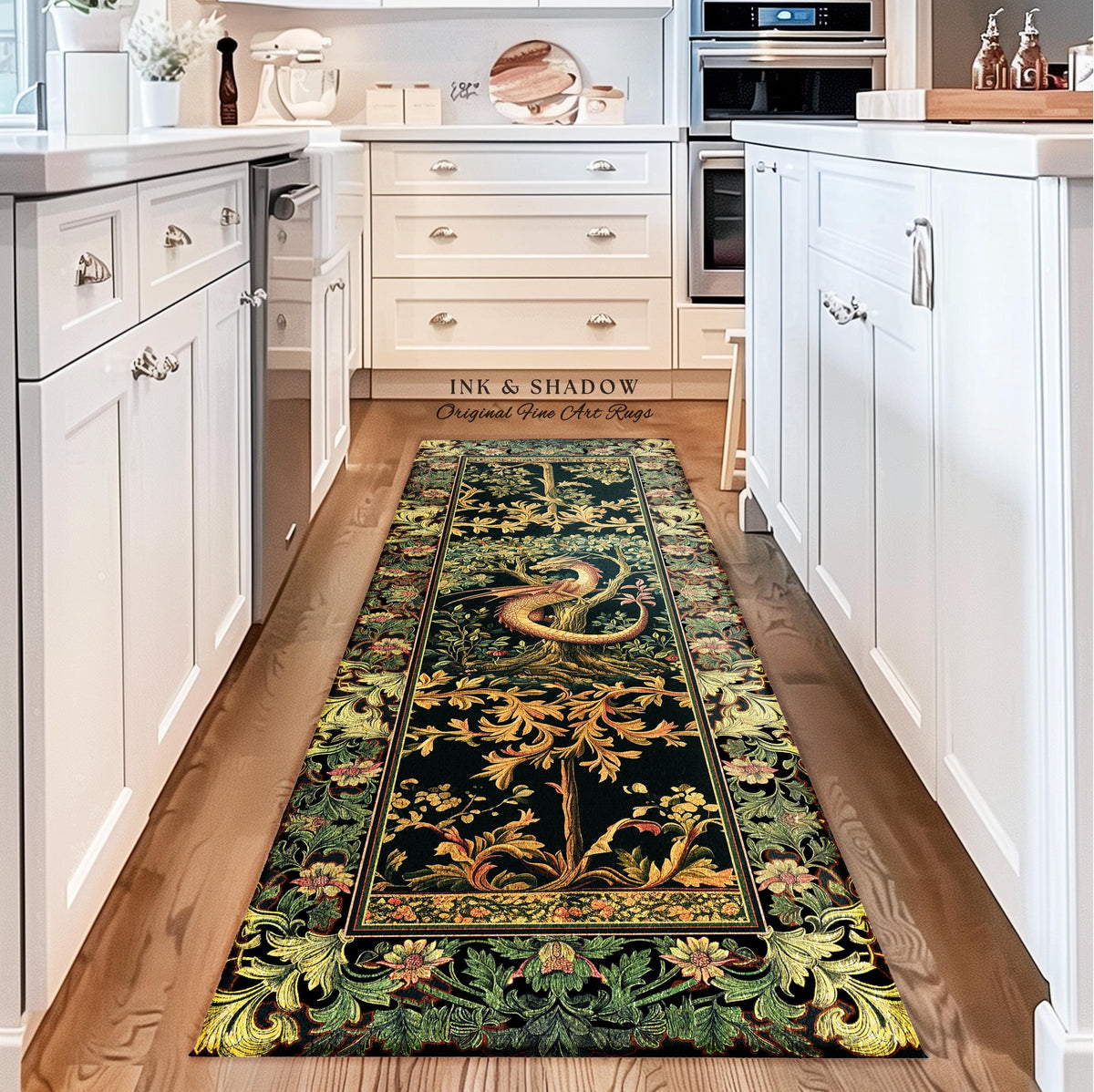 Ornate Victorian Gothic Dragon Runner Enchanted Baroque Medieval Forestcore Rug | Mystical Vintage Fantasy Forest Whimsical Woodland Decor