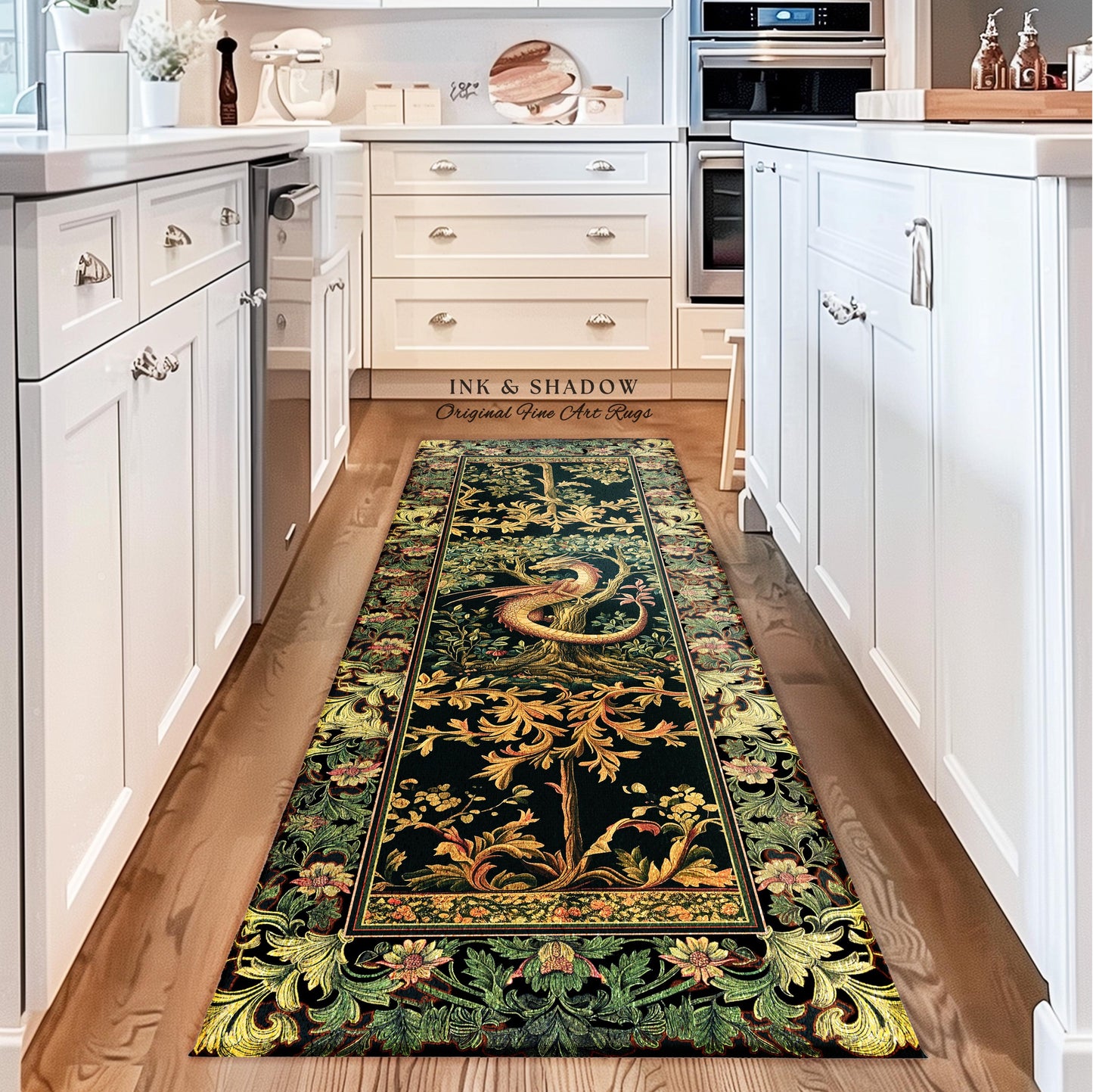 Ornate Victorian Gothic Dragon Runner Enchanted Baroque Medieval Forestcore Rug | Mystical Vintage Fantasy Forest Whimsical Woodland Decor