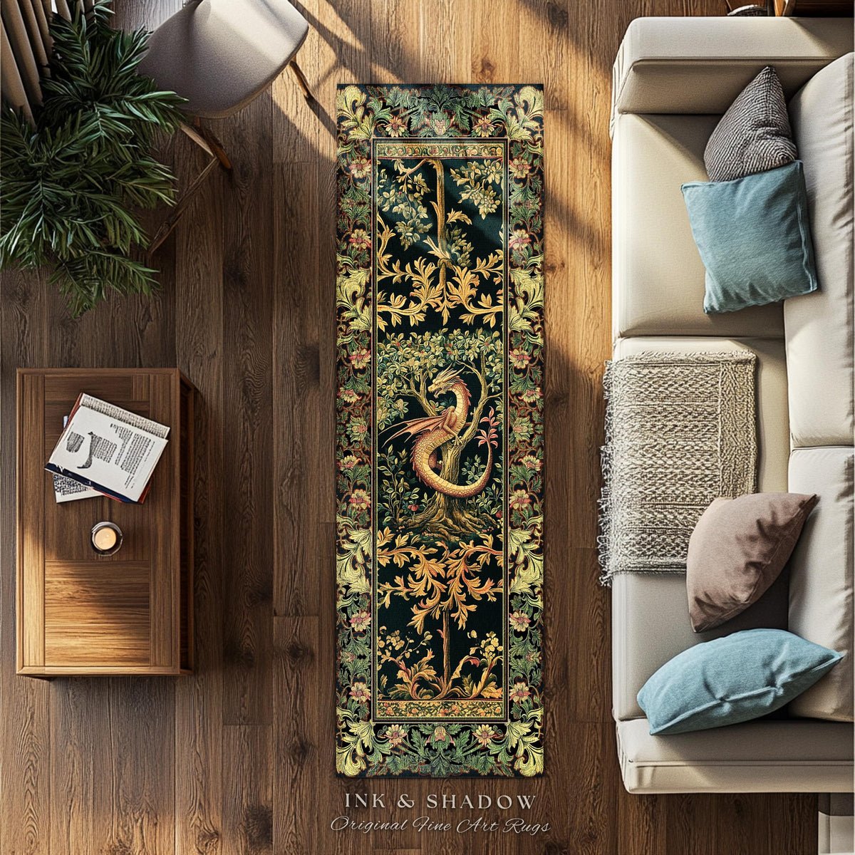 Ornate Victorian Gothic Dragon Runner Enchanted Baroque Medieval Forestcore Rug | Mystical Vintage Fantasy Forest Whimsical Woodland Decor