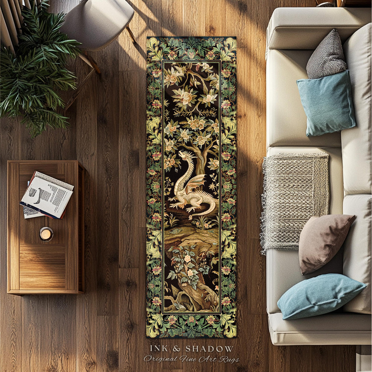 Woodland Gothic White Dragon Runner Enchanted Forest Decor | Mystical Dark Academia Whimsical Fantasy Forestcore Dark Nature Art Deco Rug