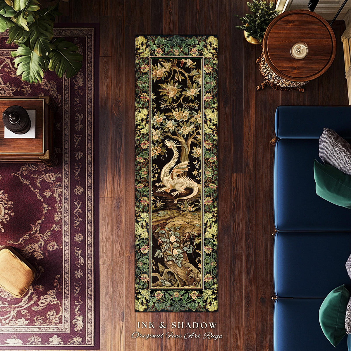 Woodland Gothic White Dragon Runner Enchanted Forest Decor | Mystical Dark Academia Whimsical Fantasy Forestcore Dark Nature Art Deco Rug