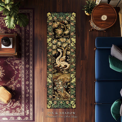 Woodland Gothic White Dragon Runner Enchanted Forest Decor | Mystical Dark Academia Whimsical Fantasy Forestcore Dark Nature Art Deco Rug