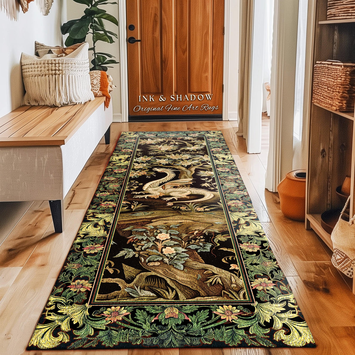 Woodland Gothic White Dragon Runner Enchanted Forest Decor | Mystical Dark Academia Whimsical Fantasy Forestcore Dark Nature Art Deco Rug