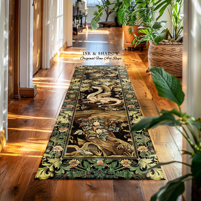 Woodland Gothic White Dragon Runner Enchanted Forest Decor | Mystical Dark Academia Whimsical Fantasy Forestcore Dark Nature Art Deco Rug